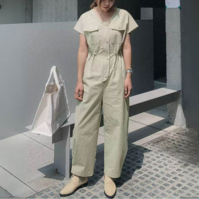 オールインワン レディース Vネック 半袖 つなぎ おしゃれ サロペット ワイドパンツ 春 夏 綿 コットン オーバーオール カジュアル ストリート 暑さ対策 ツナギ きれいめ フェミニン 体型カバー