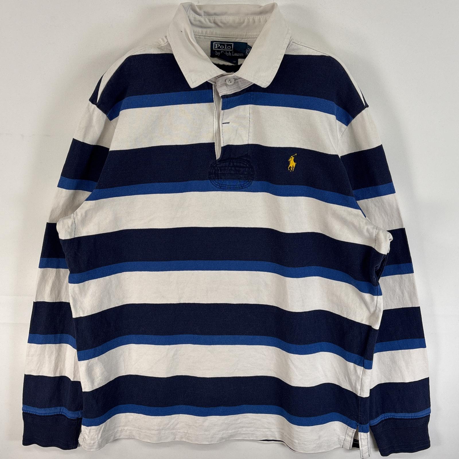 古着 90s/90年代 ポロバイラルフローレン Polo by Ralph Lauren 長袖 ラガーシャツ ワンポイント ロゴ 刺繍 ボーダー CUSTOM FIT L ブルー系 マルチカラー