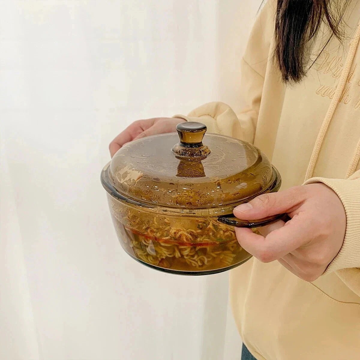韓国インテリア　雑貨茶色のガラス製ダブルイヤーボウルインスタントラーメンボウル