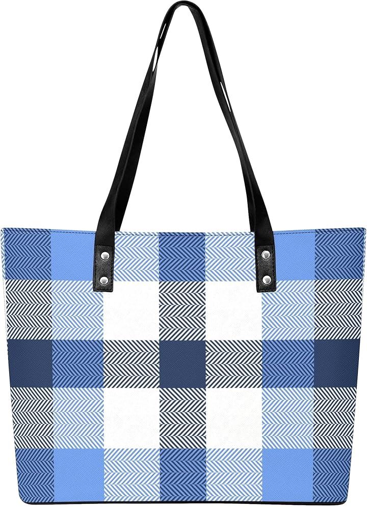 トートバッグ タータンチェック柄 カジュアル ジッパーあり お手入れ簡単なPUレザー使用 外側ポケット付き 防水(ブルー/ホワイト, 27.8 cm x 37.7 cm x 14)