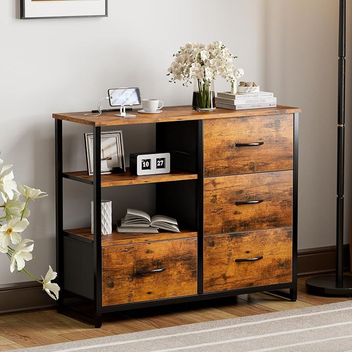 チェスト収納 タンス 棚付き 箪笥 リビング収納チェストUSBポート付き おしゃれ 収納ケース 引き出し 大容量 北欧 洋服タンス 布製 衣類収納 シンプル(ビンテージ, 幅84CM)