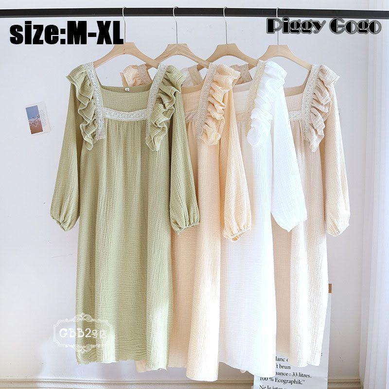 ガーゼパジャマ レディース 長袖 春秋 ルームウェア ワンピース ネグリジェ パジャマ 大きいサイズ ナイトガウン 部屋着 かわいい ゆったり おしゃれ 可愛い 寝