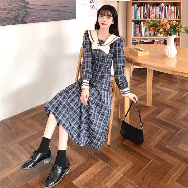 チェックワンピース ブルー ワンピース ミモレ丈 スリム 細身 ストレート スマート かわいい