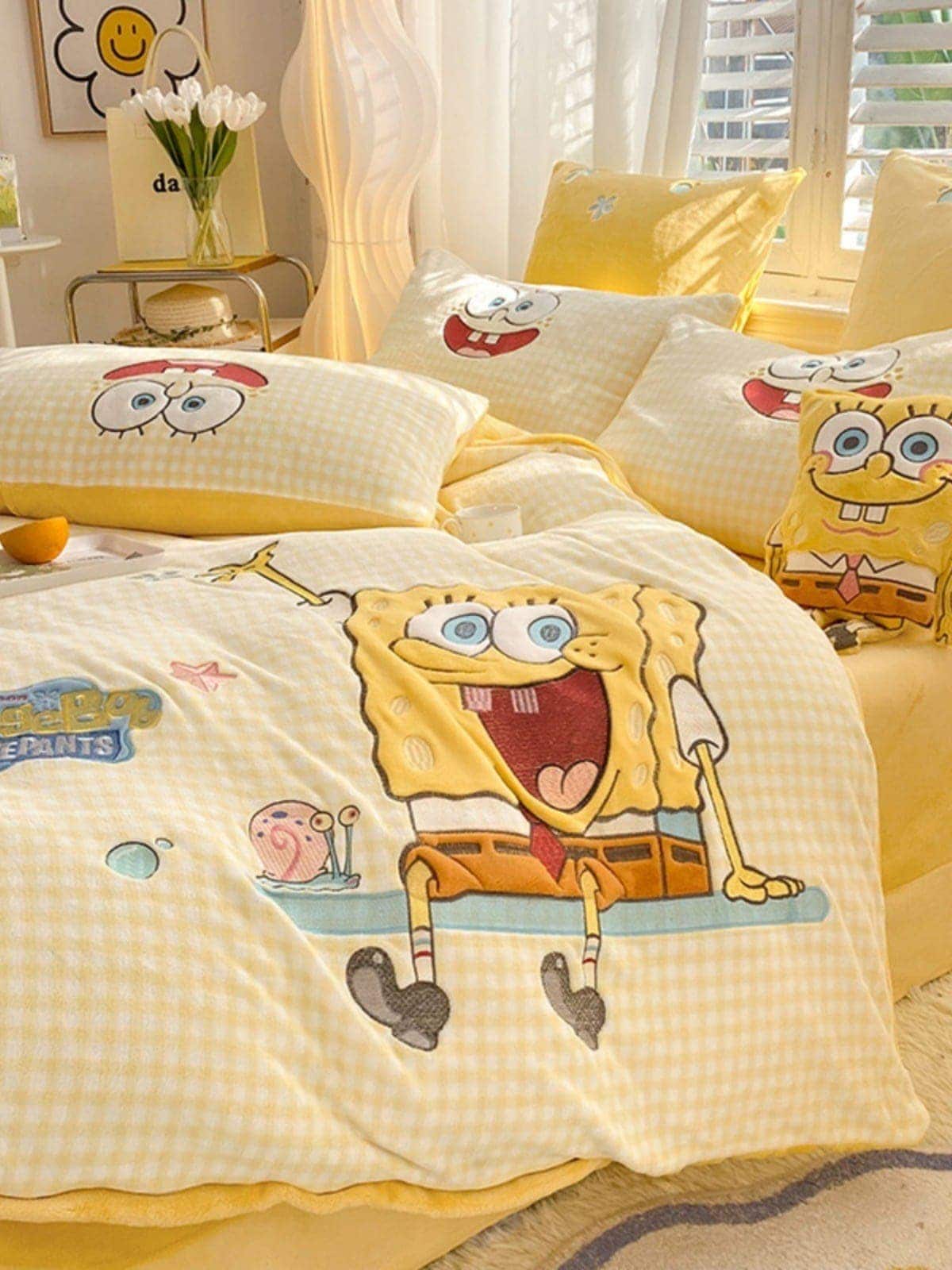 冬用ミルクベルベットベッド4点セットスポンジボブ両面コーラルベルベットシーツキルトカバーフランネル子供用寝具