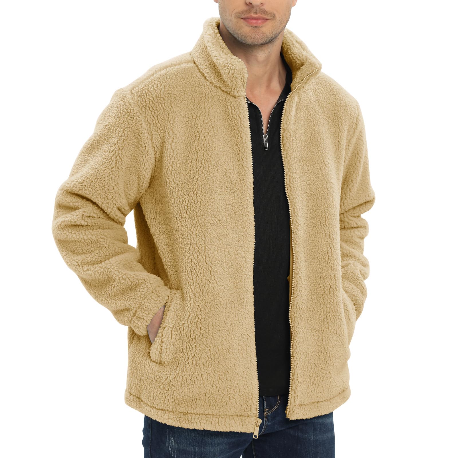 [KEFITEVD] ボアフリースジャケット メンズ 防寒 防風 ジャケット 冬用 ボアブルゾン 保温 無地 アウター フリース 厚手 ジャンパー おしゃれ 普段着 アメカジ 春秋 カーキ XL