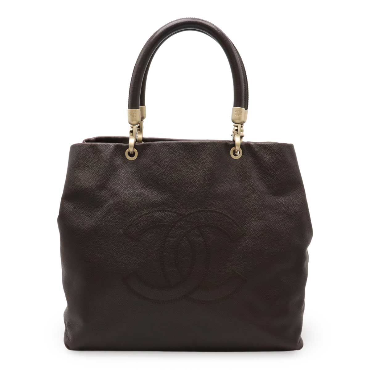 ココマーク トートバッグ ハンドバッグ キャビアスキン レザー ダークブラウン 茶 ゴールド金