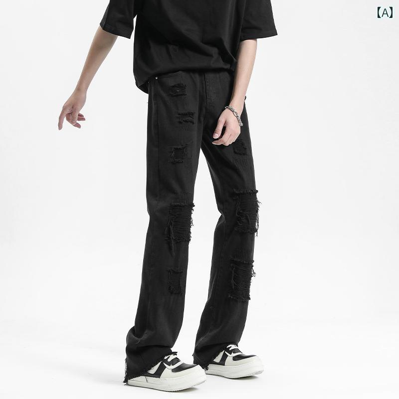 デニムパンツ レディース メンズ ダメージ ジーンズ クラッシュ ボトムス 春 ストリート ブーツカット ストレート パンツ ブラック