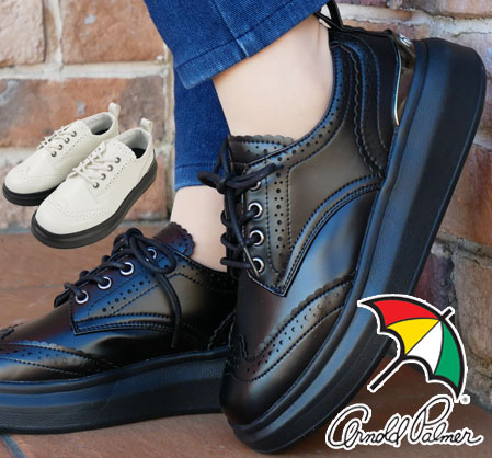 アーノルドパーマー ARNOLD PALMER レディース 厚底 ウイングチップ メダリオン ローカット カジュアルシューズ プラットフォーム AL0832 ブラック 黒 ホワイト 白 軽量 紐靴 送