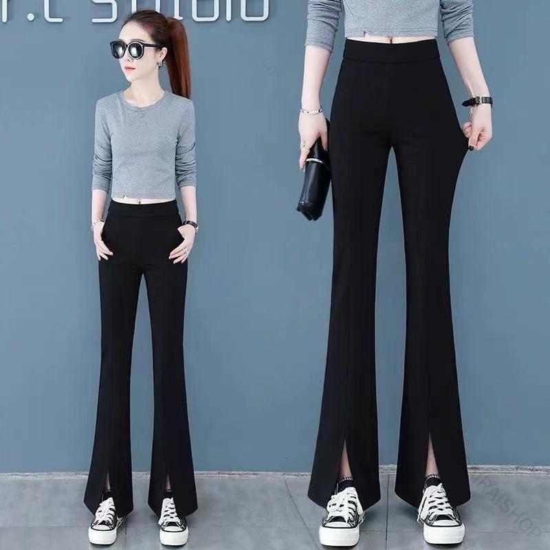 【新商品を厳選】パンツ レディース フレアパンツ スリット入り ハイウエスト スタイルアップ 着痩せ 落ち感 ドレープ ブラック 低身長 小柄向け きれいめ 通勤 オフィス 着回し ポリエステル スト