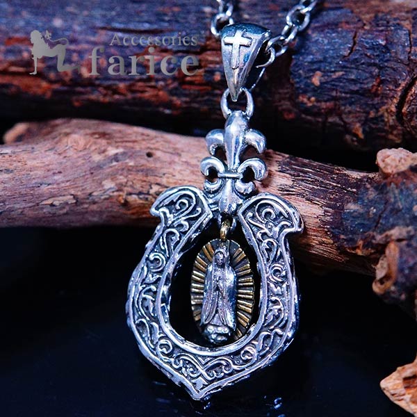 マリア グアダルーペの聖母 馬蹄 ホースシュー 百合の花の紋章 シルバー ペンダント ネックレス
