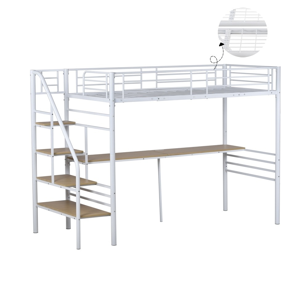 【大好評!最安値挑戦!】ロフトベッド 階段付き パイプベッド シングル デスク付き コンセント付き 収納 スチール 耐震 ベッド シングル パイプベッド パイプ SGG9020 White Metal