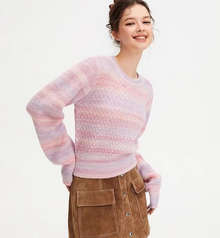 セーター レディース 春秋 ニット 長袖 トップス プルオーバー ラウンドネック フィット おしゃれ カジュアル グラデーション ストライプ 茶色