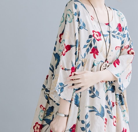 ゆったり花柄ワンピース ワンピース ロング丈 袖あり 7分袖 ラウンドネック フレア Aライン 綿 トロピカル 南国風 爽やか 大人スタイル かわいい 大人可愛い きれいめ シンプル カジュアル 大人