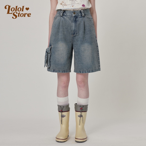LOLOL古代デニムショートカラーリボンハイウエスト痩身