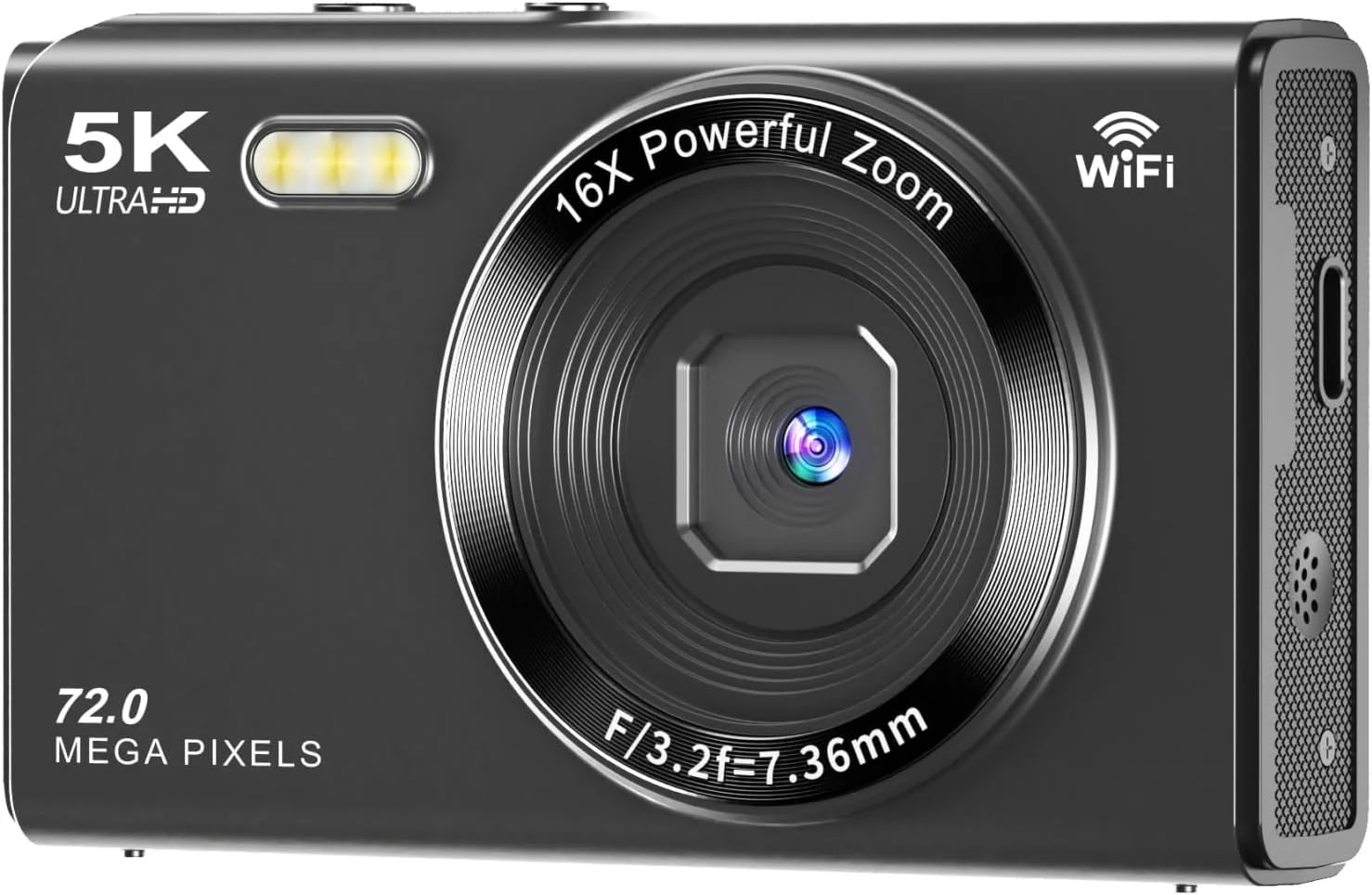 デジタルカメラ 5K デジカメ スマホに送れる WIFI転送機能 7200万画素 64GBマイクロSDカード付き オートフォーカス機能 16倍デジタルズーム LEDライト ウェブカメラ 2.8インチ