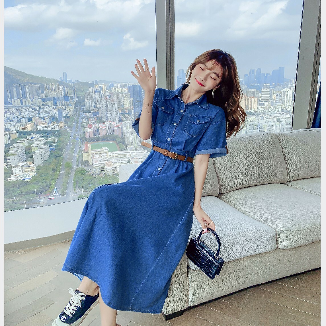 【即納】デニムワンピース 半袖ワンピース スカート レディース 春夏 レトロ 2色から選べる サマードレス ロング Aラインスカート フォーマルワンピース パーティードレス カレッジ風 シンプル 着痩