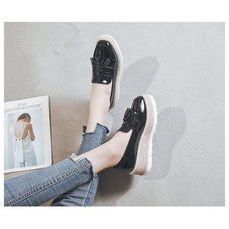 ローファー 革靴 レディース パンプス スリッポン 前厚プラットフォーム イ ンソール エナメル靴 厚底 ウェッジ タッセル おじ靴