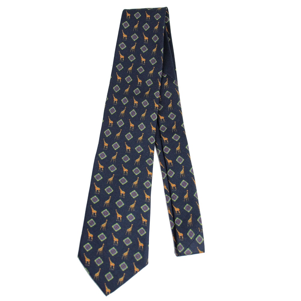 ネクタイ シルク100% アニマル柄 キリンモチーフ ネイビー系マルチカラー 1T121 5024 0200