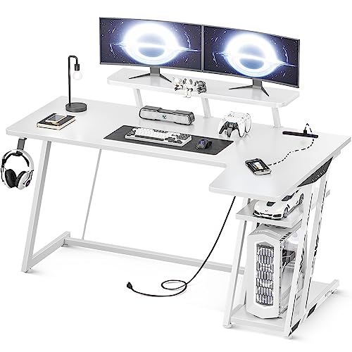 ゲーミングデスク L字型 コンセント付き 140x80x55cm 収納ラック ホワイト