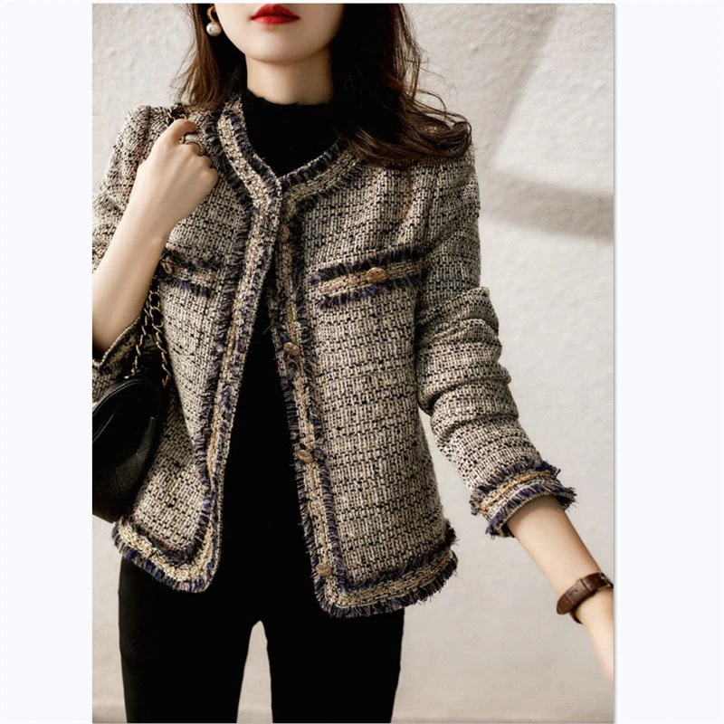 ツイードジャケット レディース 長袖ノーカラージャケット ショット丈ツイードコート 春コートアウター 秋服 大人韓国風 通勤OL オフィス 結婚式 入学式