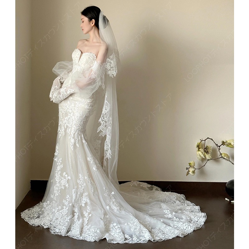 ウエディングドレス マーメイド トレーン ウェディングドレス 袖あり オフショルダー ドレス 白 ロングドレス 大きいサイズ フリル レースアップ 花嫁-51