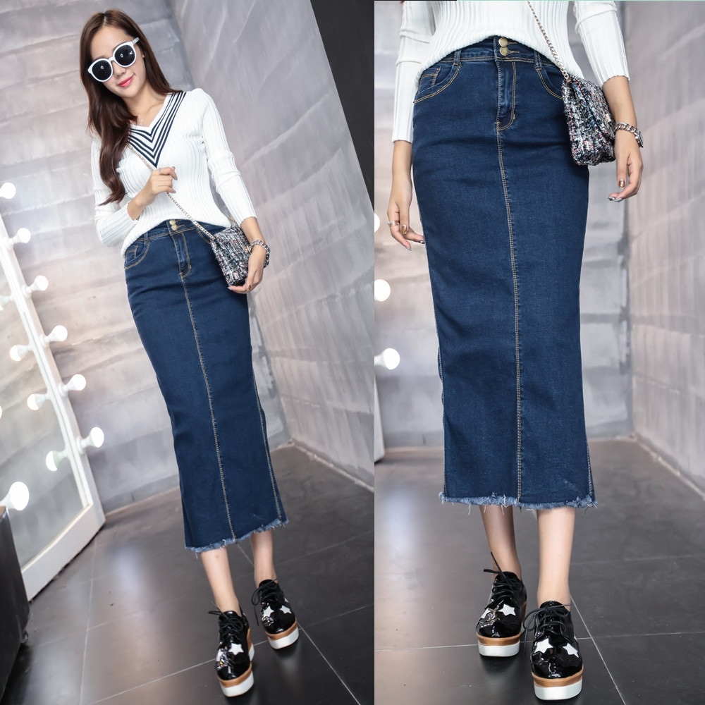 3170.9分丈 デニムタイトスカート（ネイビー）2019 春夏 マキシ丈 カジュアル 買い物 普段使い お出かけ