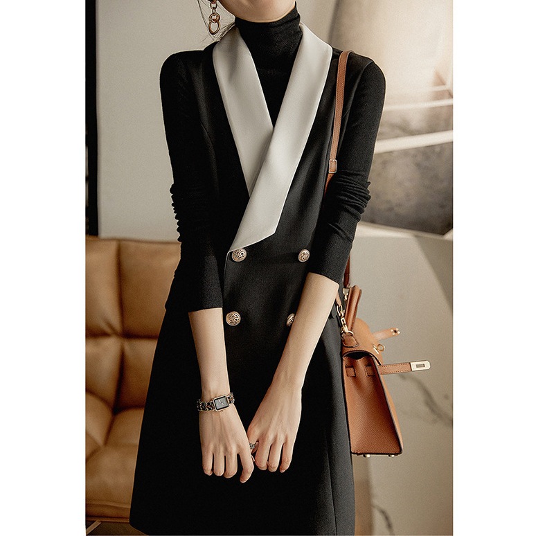 グリーンフルーツカラー高級スーツベストウールドレス2024春秋レディース新作スカートブラック高級