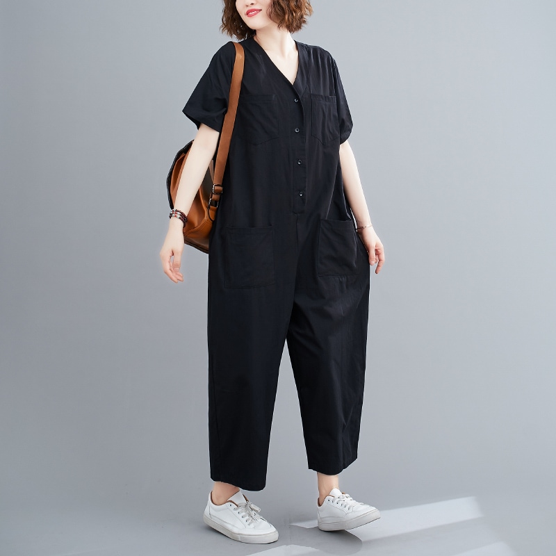 シンプル オールインワン ワイドパンツ 9分丈 半袖 Vネック ポケット ボタン かわいい 大人可愛い シンプル カジュアル 大人 おしゃれ かっこいい レトロ 大人可愛い 大人女子 こなれ感 ラフ