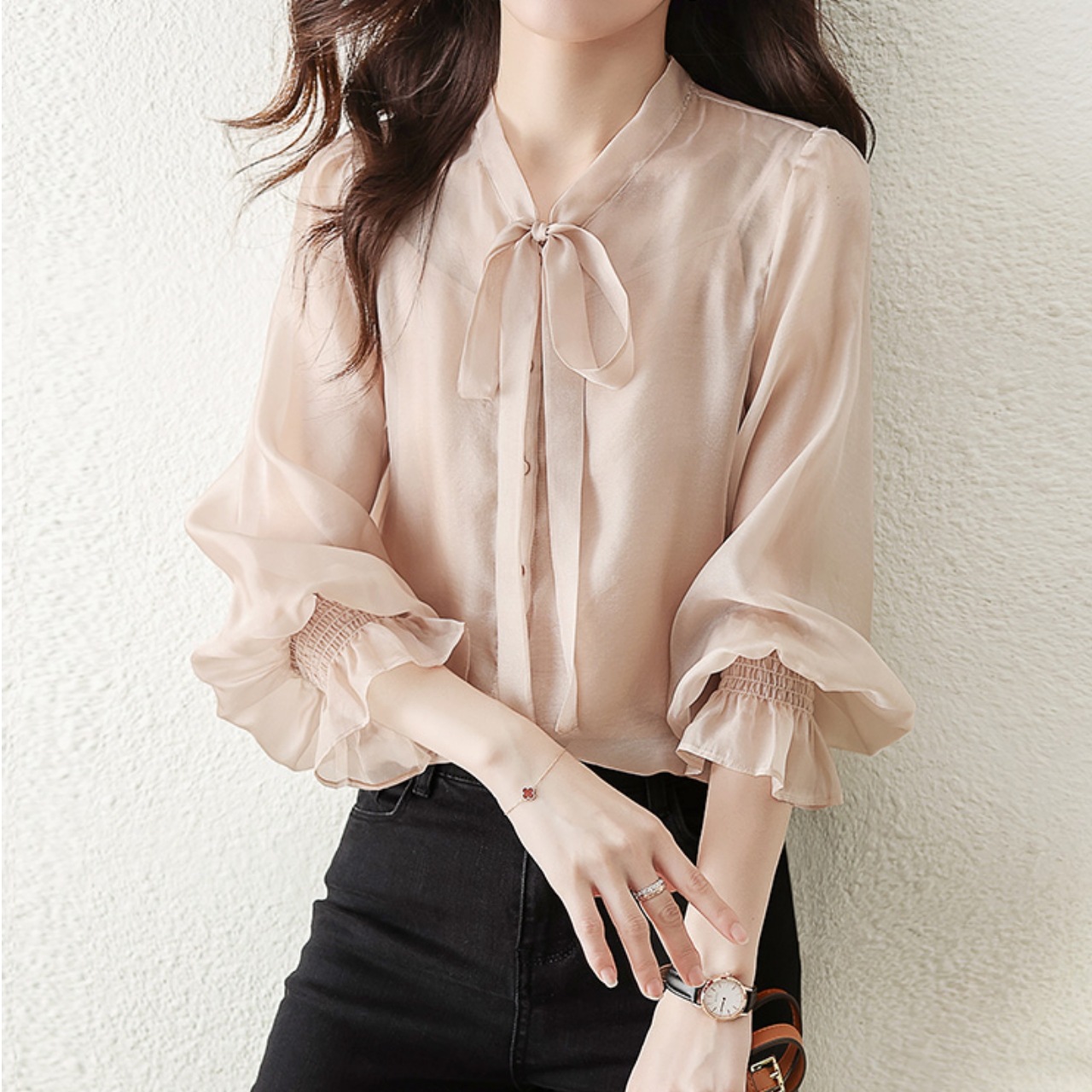 トップス シャツ レディース シフォンシャツ ルーズ プルオーバー 袖あり 長袖 リボンタイ セクシー かわいい 大人可愛い きれいめ 大人 おしゃれ お洒落 大人女子 こなれ感 上品 エレガント