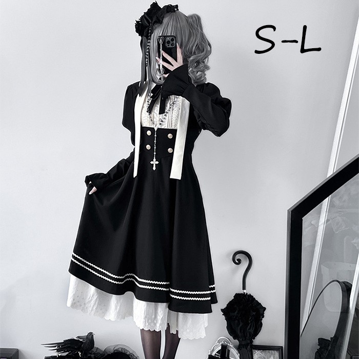 ロリータ コスチューム ハロウィン ワンピース レトロ風 リボン レディース ゴスロリ 暗黒風 ロリィタファッション 長袖 フリル コスプレ 衣装 洋服 可愛い セクシー 日常 仮装 パーティ イベン