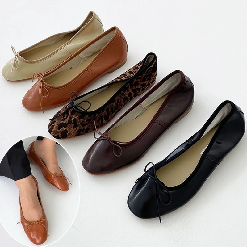5color 可愛いプチリボン付き ラウンドトゥ 無地．レオパード．ヒョウ柄 シンプル, ベーシックな ローヒール デイリー バレエシューズ．フラットシューズ