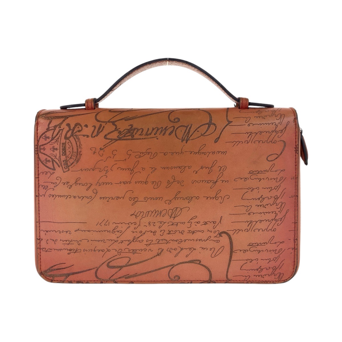 美品 カリグラフィ スクリット イタウバ ワイド ブラウン シルバー金具 レザー 長財布 セカンドバッグ メンズ 502745