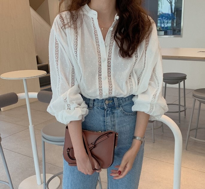トップス ブラウス カットソー 白シャツ 白トップス 袖あり 長袖 ボリューム袖 ラウンドネック ハイネック スタンドカラー レース ウエストゴム かわいい 大人可愛い きれいめ 大人 おしゃれ