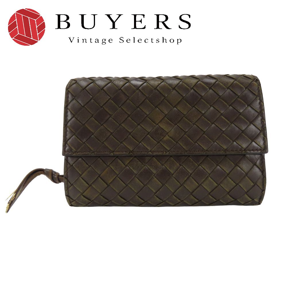 中古 三つ折り財布 イントレチャート 113997 ラムスキン ダークブラウン 小銭入れあり 編み込み レディース 女性