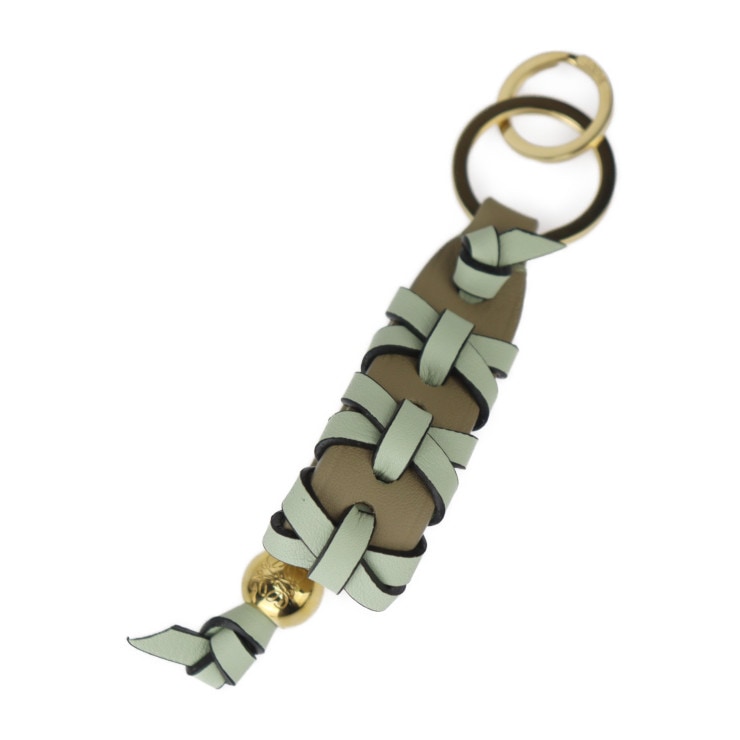超美品 LOEWE ロエベ キーホルダー C621231X04 クロス ブレイデッド キーリング クラシックカーフスキン クレイグリーン スプリングジェード ゴールド金具 バッグチャーム アナグラム
