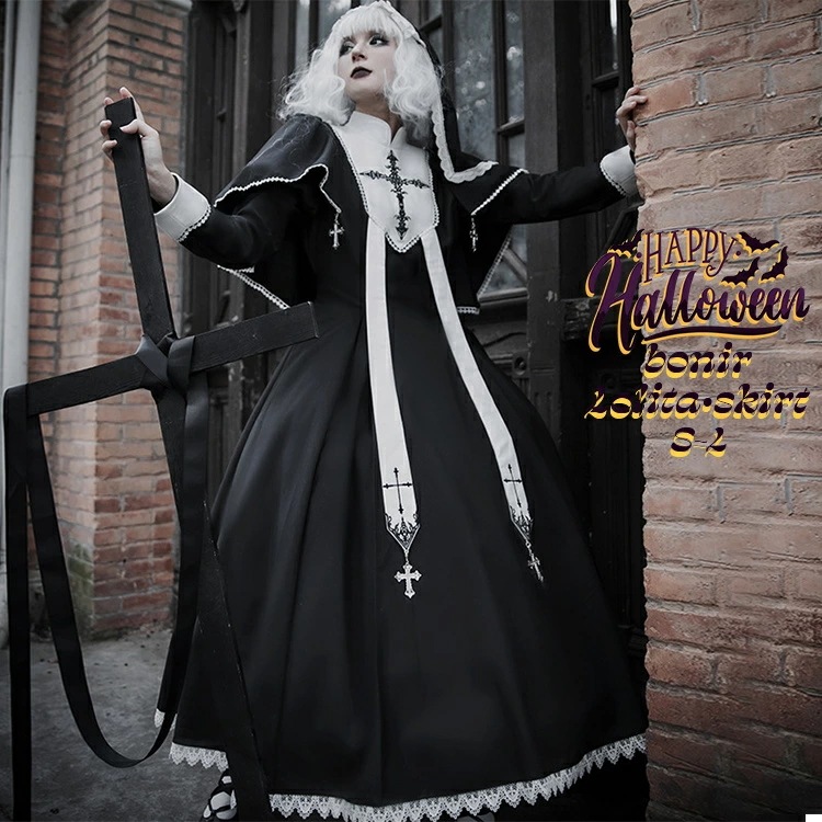ハロウィン ロリータファッション ゴシックドレス 2点セット シスター 修女 ブラックホワイト レーストリム クロス装飾 耐久性 おしゃれ キャンドルモチーフ クラシックデザイン S M L ロリー