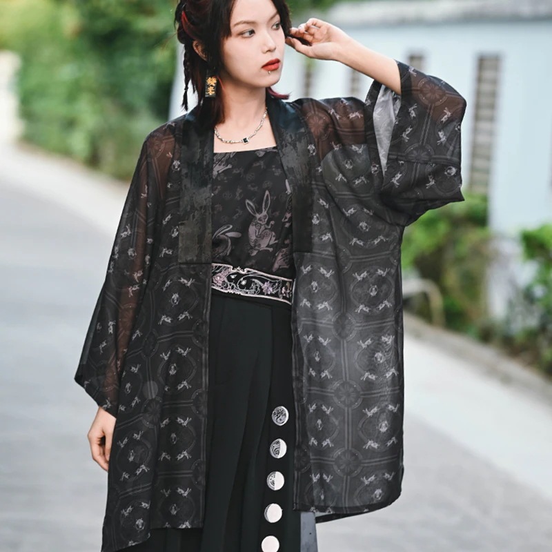 【快速出荷】シアーシャツ ロング チャイナ風トップス シフォンシャツ uvカット プリント 薄手カーディガン レディース 紫外線対策 春夏