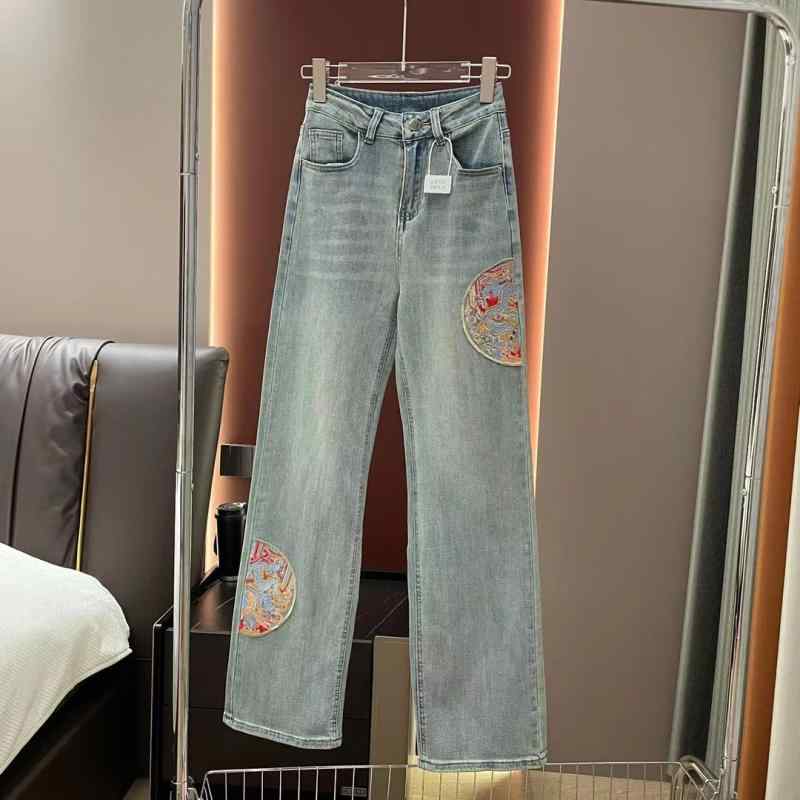 レディース ファッション カジュアル おしゃれ チャイナ風 ナロー ワイドレッグ ジーンズ 春 ハイウエスト レトロ スリム 刺繍 ストレート パンツ