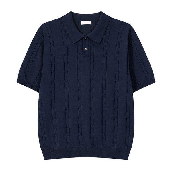 メンズプレミアムケーブルカラーネック半袖ニットTシャツ GN-KNH-Q013-ネイビー