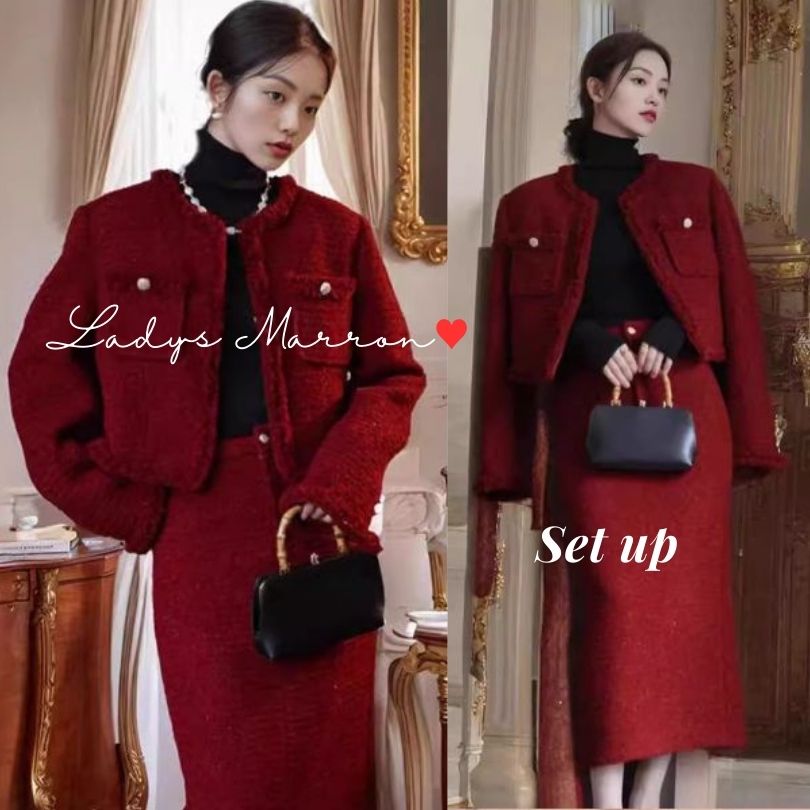 【即納】ツイード セットアップ 韓国 ジャケット スカート 成人式 同窓会 服 服装 二次会 冬 赤 かわいい 上下セット 2点セット ツーピース 無地 ノーカラー 秋 長袖 ロング丈 可愛い ツイー