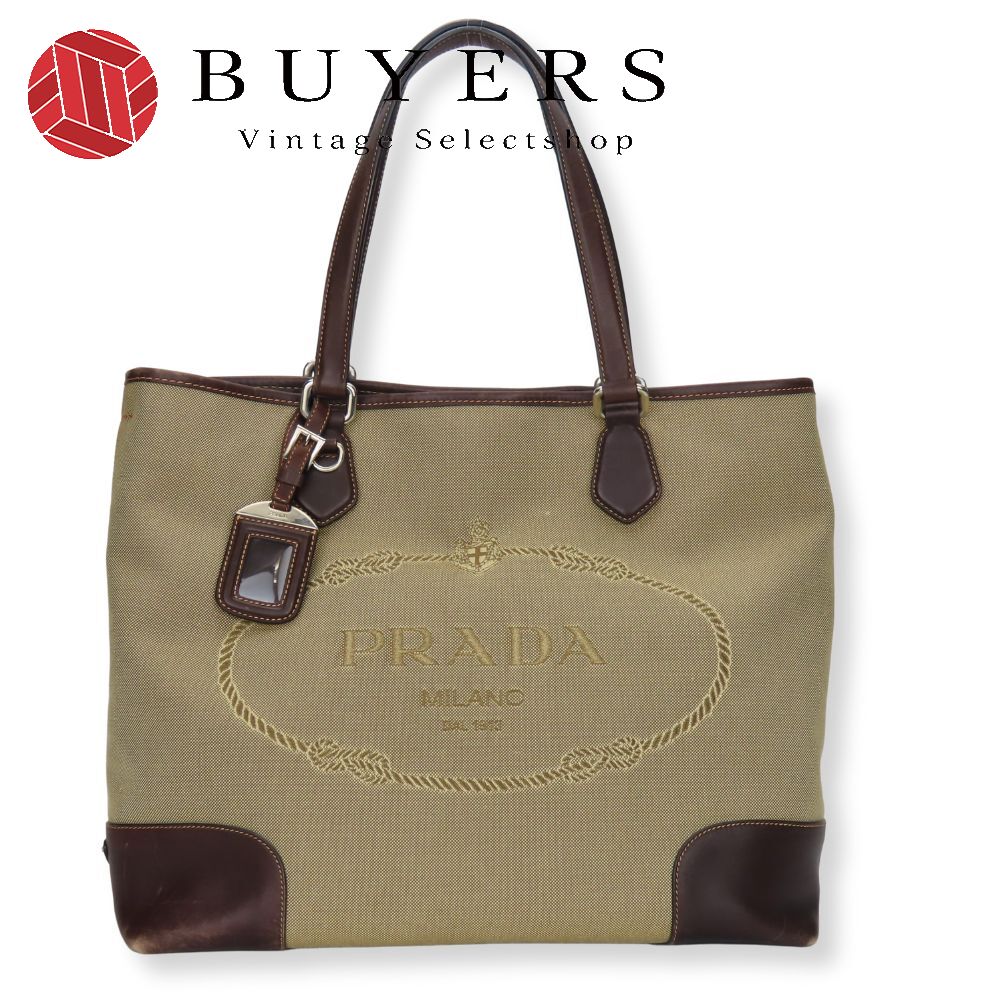 中古 トートバッグ キャンバス レザー ベージュ ブラウン シルバー金具 ロゴ 肩掛け カジュアル レディース 女性