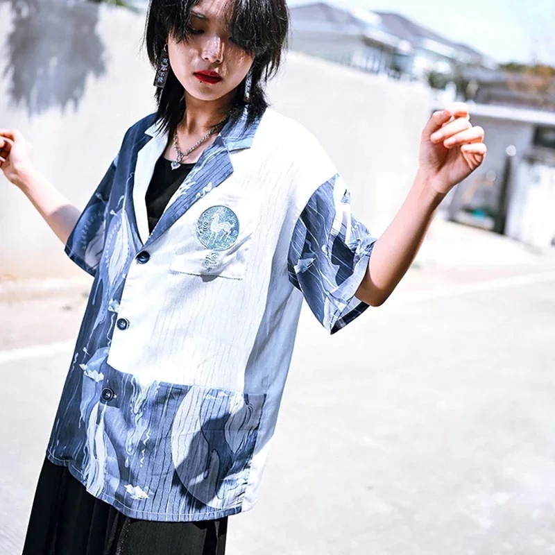 チャイナ風シャツ ブラウス 半袖 レディース 切り替え 九色鹿プリントトップス