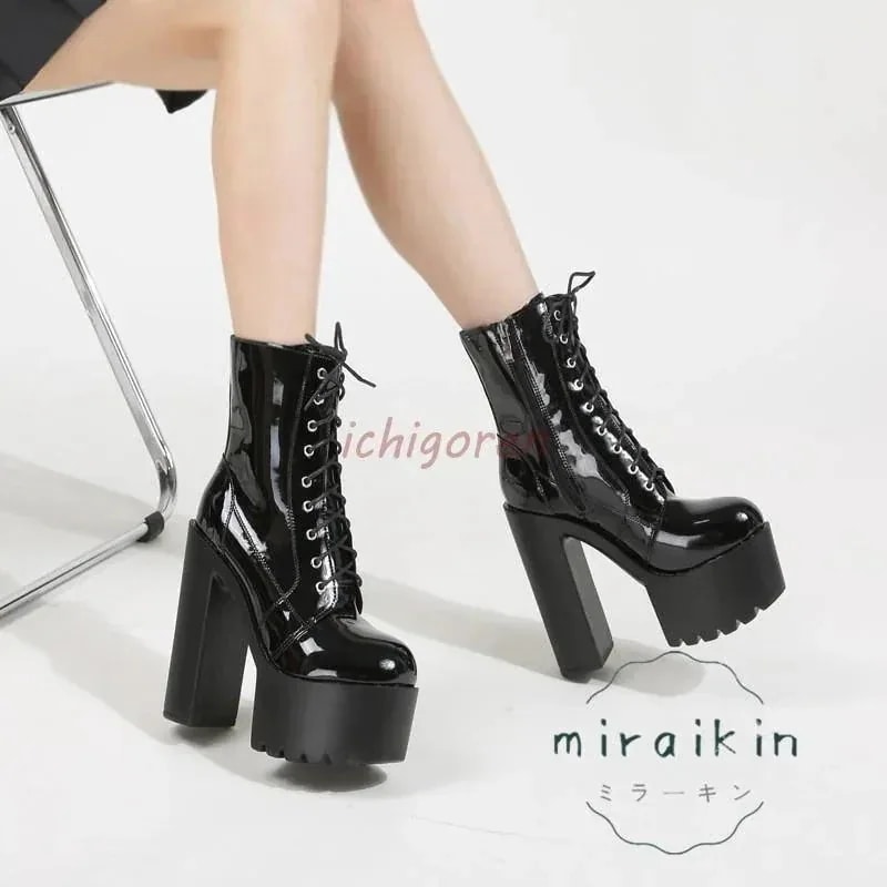 太めヒール 22.5-26.5cm エナメル 白 仕事 編み上げ 高見え レディース ブーツ ミドルブーツ 痛くない 14cmヒール 履きやすい 歩きやすい 黒 厚底 通勤用 6,140円