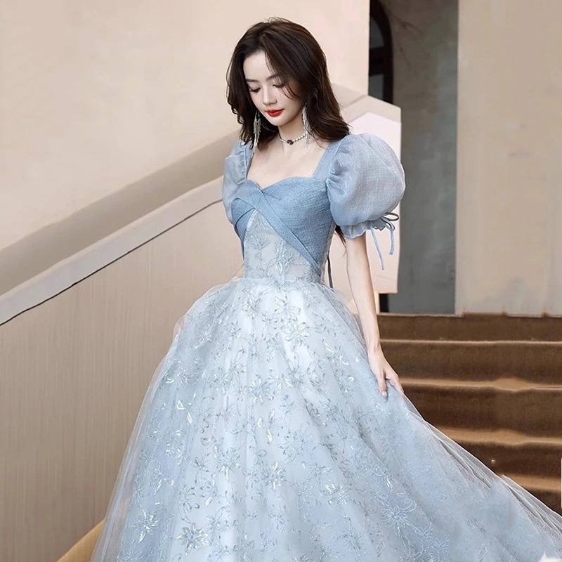 2024新品追加パーティドレス ブルー ワンピース 韓国ファッション プリンセススカート 卒業式 結婚式 誕生日 演奏会 花嫁 司会 ホスト パーティー