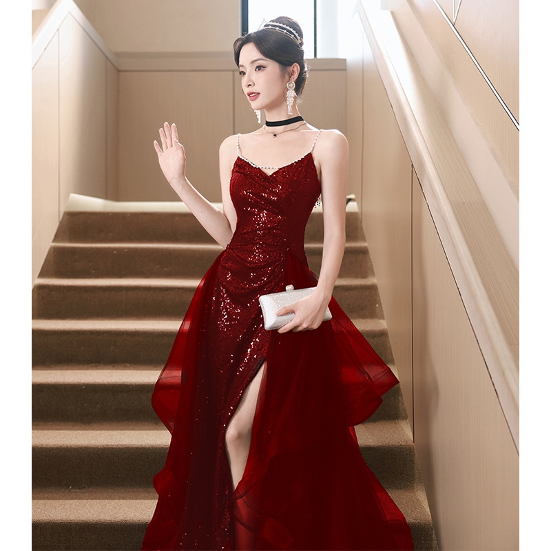 レッドイブニングドレス2024センス宴会結婚式乾杯ドレスブライダルスパンコール宴会ドレス