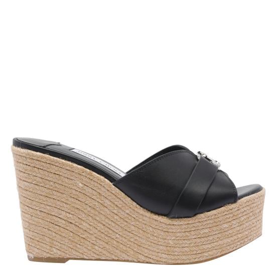 JIMMY CHOO Women Sandals LEDA WEDGE 100 FDZBLACK SILVER Black