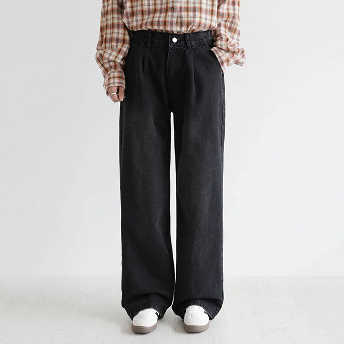 [韓国ファッション] ワンピンタック 後ろバンディング ワイド デニムパンツ 5 Color