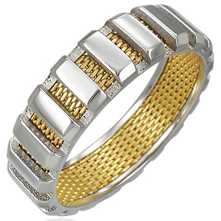 ゴールドファンステンレスリング（SRV104）指輪 17号 金色のメッシュ 網 ネット サージカルステンレス316L 男性 女性 プレゼント 誕生日 クリスマス 記念日 r0919xxxxxxxx