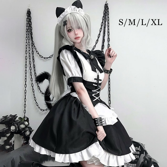 【品質良い 大好評中】ロリータ メイド服 ワンピース Lolita リボン 袖あり 通販 文化祭 学園祭 コスプレ衣装 ゴスロリ ゴシック コスチューム アニメ オールシーズン ハロウィンコスチューム