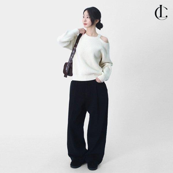 女性冬カットアウトオフショルダーゆったりフィットモーダルリブソフトニットLSLOT016